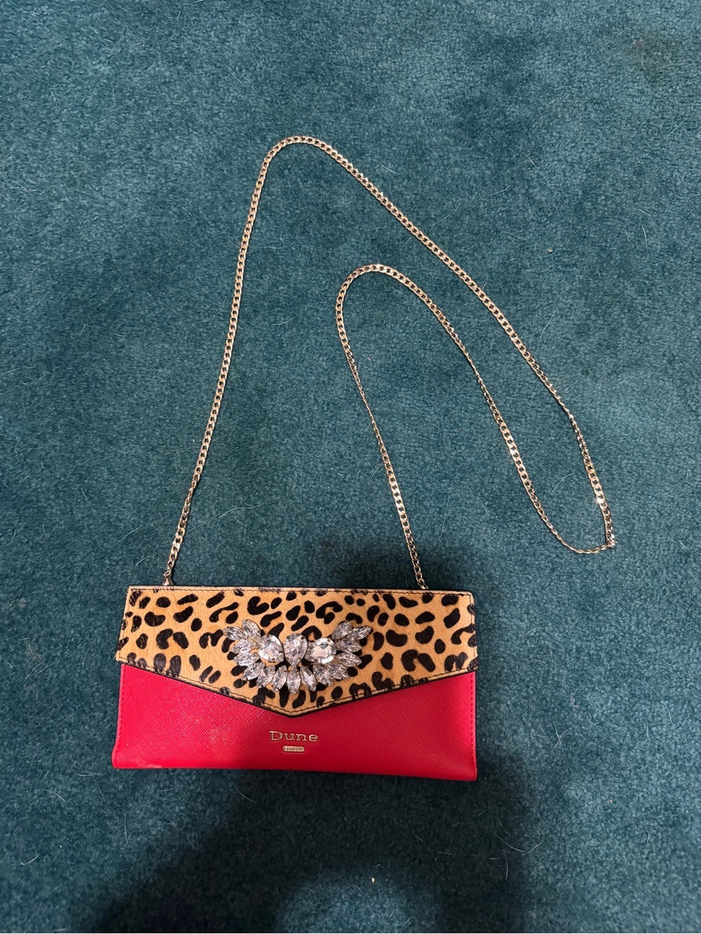 Dune London Red and Leopard Crystal-Embellished Envelope Clutch - Picture 2 of 7